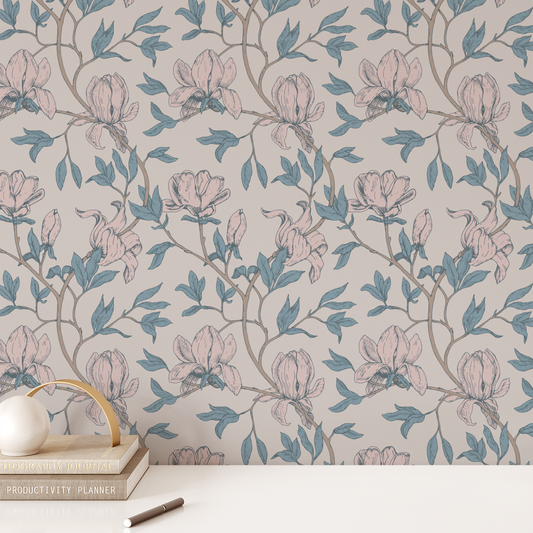 Magnolia Wallpaper - Greige and Dove Blue