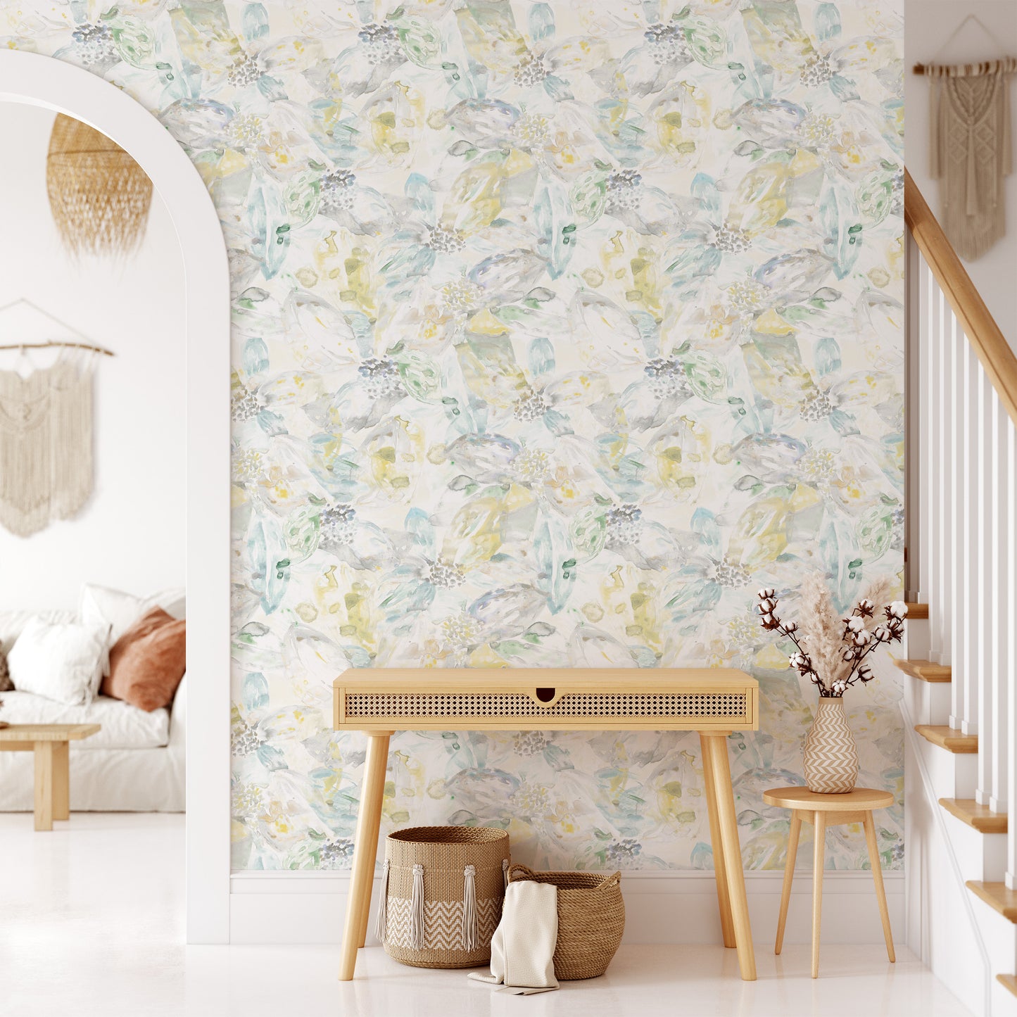 Bedroom featuring Iris + Sea Mara Watercolor Botanical- Neutral Multi- a watercolor pattern