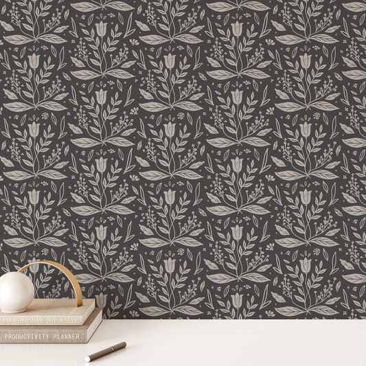Folk Blooms Wallpaper - Gray