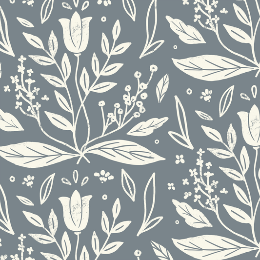 Folk Blooms Wallpaper - Steel Blue