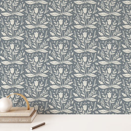 Folk Blooms Wallpaper - Steel Blue