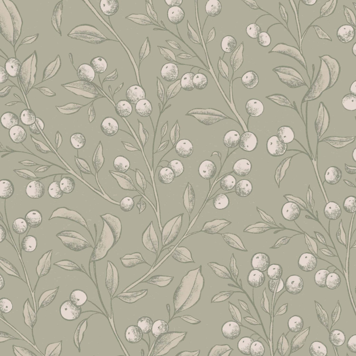 Zoomed in view of our Berries Wallpaper in Dry Sage is a peel and stick, removable wallpaper with hand-drawn sketched berries in dry sage and white by artist Mariah Cottrell.