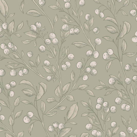Zoomed in view of our Berries Wallpaper in Dry Sage is a peel and stick, removable wallpaper with hand-drawn sketched berries in dry sage and white by artist Mariah Cottrell.