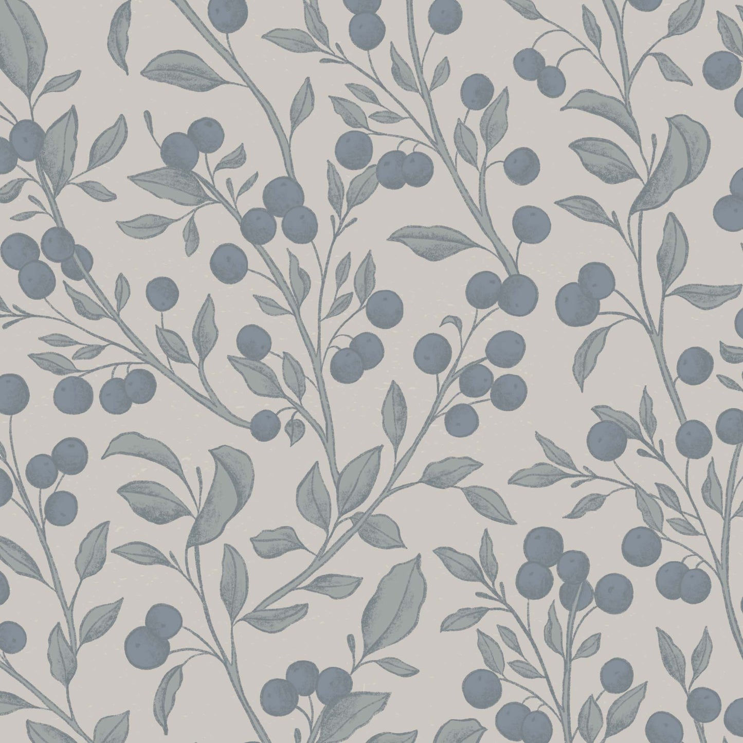 This close up view of our Berries Wallpaper in Gray and Blue shows our peel and stick, removable wallpaper with hand-drawn sketched berries in gray and blue by artist Mariah Cottrell.