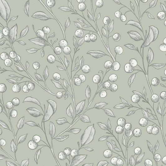 This closeup view of our Berries Wallpaper in Light Sage shows our peel and stick, removable wallpaper with hand-drawn sketched berries in light sage and white by artist Mariah Cottrell.