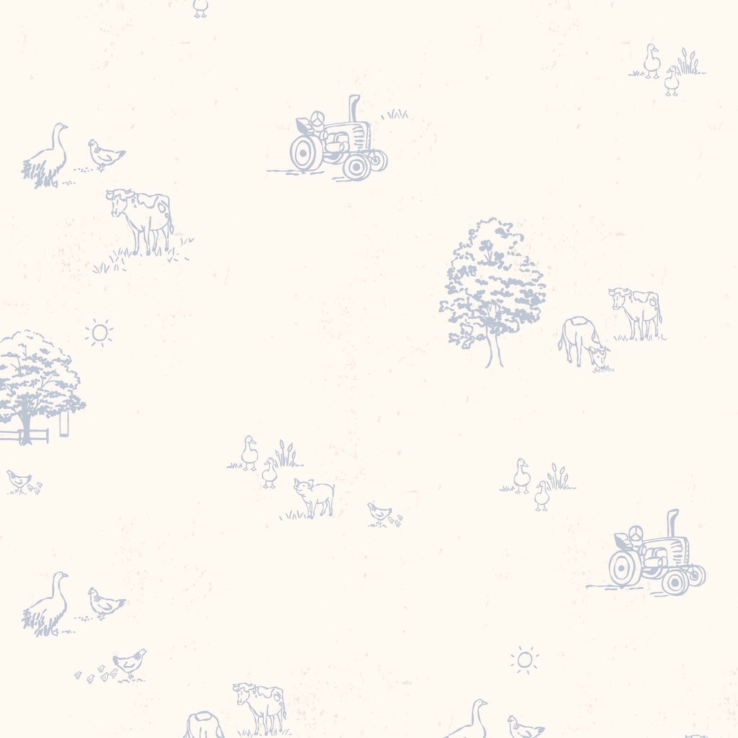 This close up view shows our Country Farm Wallpaper in Blue. This peel and stick, removable wallpaper was designed by artist Mariah Cottrell and features farm animals and trees in a countryside scene.