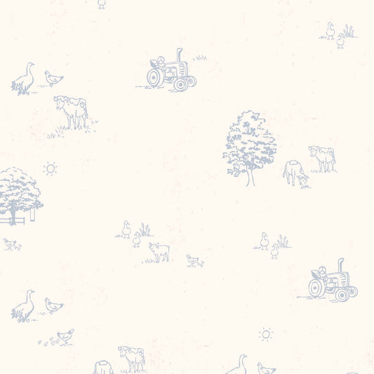 This close up view shows our Country Farm Wallpaper in Blue. This peel and stick, removable wallpaper was designed by artist Mariah Cottrell and features farm animals and trees in a countryside scene.