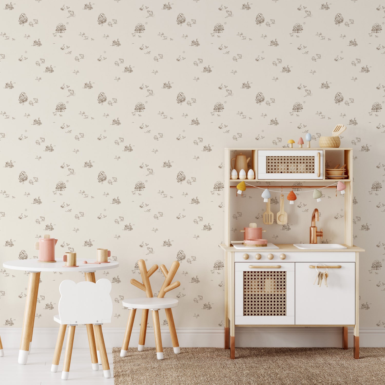 This nursery shows our Country Farm Wallpaper in Brown. This peel and stick, removable wallpaper was designed by artist Mariah Cottrell and features farm animals and trees in a countryside scene.