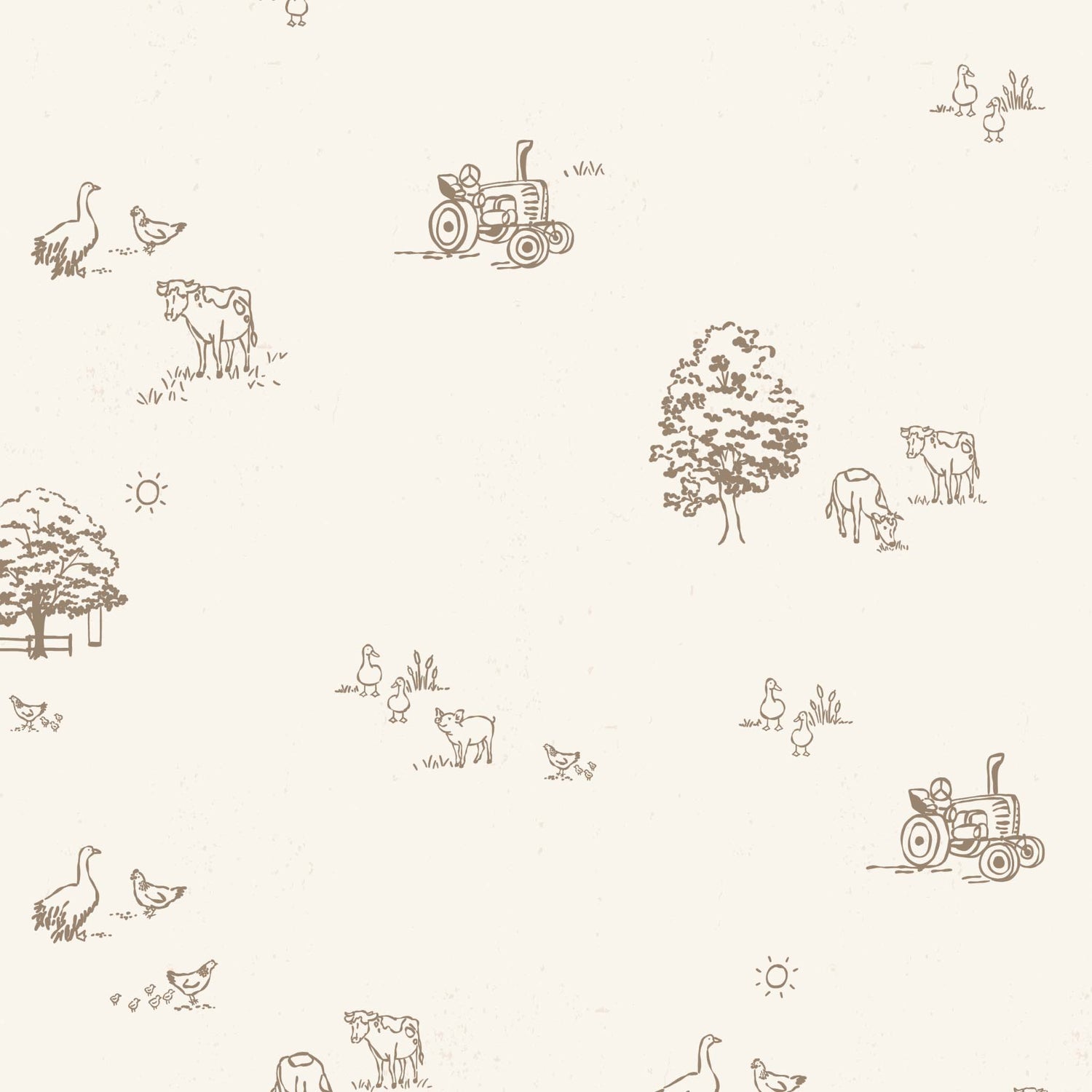 This close up view shows our Country Farm Wallpaper in Brown. This peel and stick, removable wallpaper was designed by artist Mariah Cottrell and features farm animals and trees in a countryside scene.