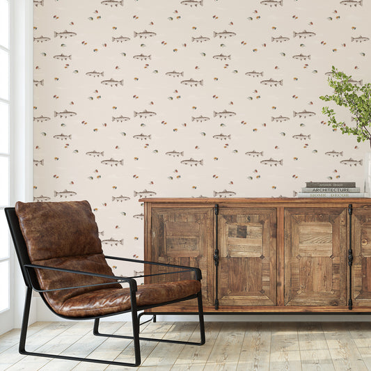 This office shows our Fly Fishing Wallpaper in Brown. This peel and stick, removable wallpaper was designed by artist Mariah Cottrell and features trout and flies for a calm river scene.