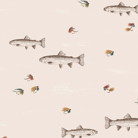 This close up view shows our Fly Fishing Wallpaper in Brown. This peel and stick, removable wallpaper was designed by artist Mariah Cottrell and features trout and flies for a calm river scene.