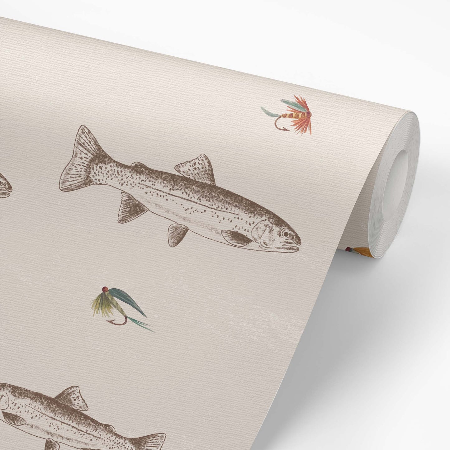This wallpaper roll shows our Fly Fishing Wallpaper in Brown. This peel and stick, removable wallpaper was designed by artist Mariah Cottrell and features trout and flies for a calm river scene.