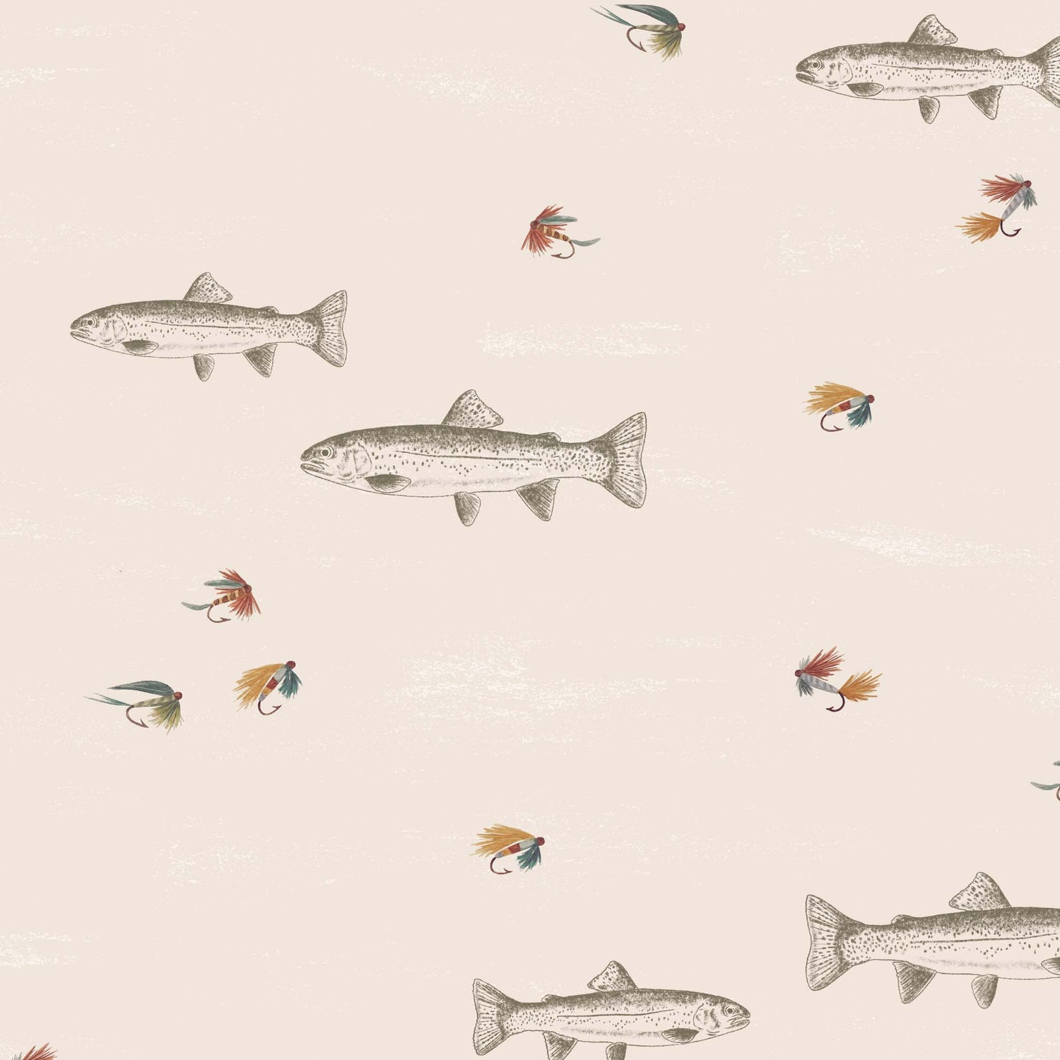 This close up view shows our Fly Fishing Wallpaper in Green. This peel and stick, removable wallpaper was designed by artist Mariah Cottrell and features trout and flies for a calm river scene.