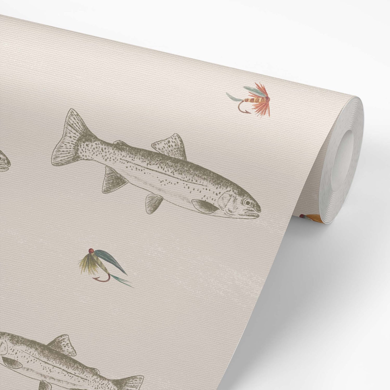 This wallpaper roll shows our Fly Fishing Wallpaper in Green. This peel and stick, removable wallpaper was designed by artist Mariah Cottrell and features trout and flies for a calm river scene.