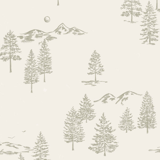 This close up view shows our Mountain Green Wallpaper in Cream. This peel and stick, removable wallpaper was designed by artist Mariah Cottrell and features beautifully sketched mountains and trees.
