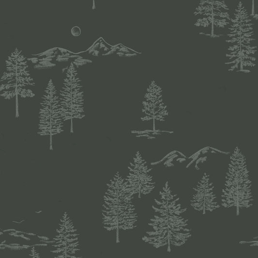 This close up view shows our Mountain Green Wallpaper in Dark Green. This peel and stick, removable wallpaper was designed by artist Mariah Cottrell and features beautifully sketched mountains and trees.