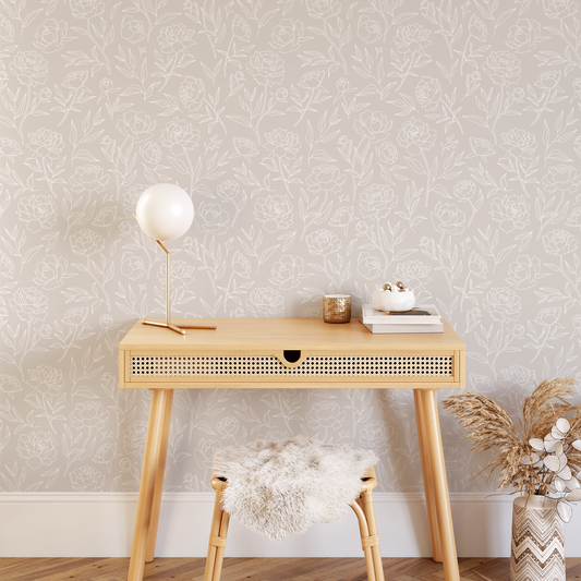 Peony Wallpaper - White on Taupe
