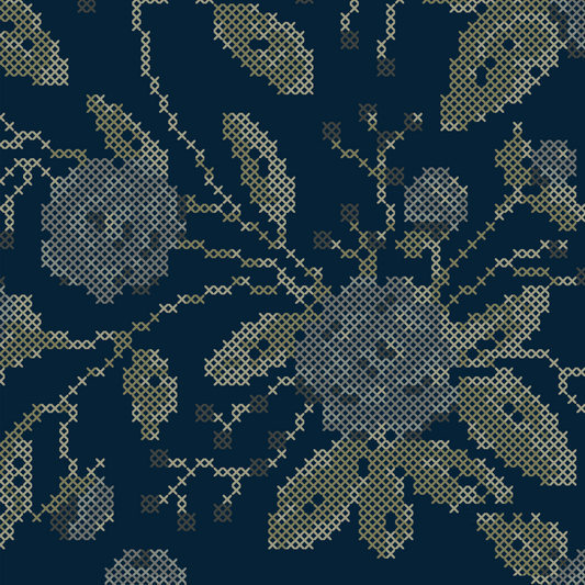 Cross Stitch Flowers Wallpaper - Navy
