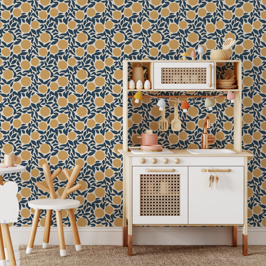 Flower Dots Wallpaper - Navy Yellow