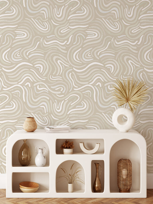 Bedroom featuring Iris + Sea Modern Rainbow- Beige Peel and Stick Wallpaper - a modern pattern