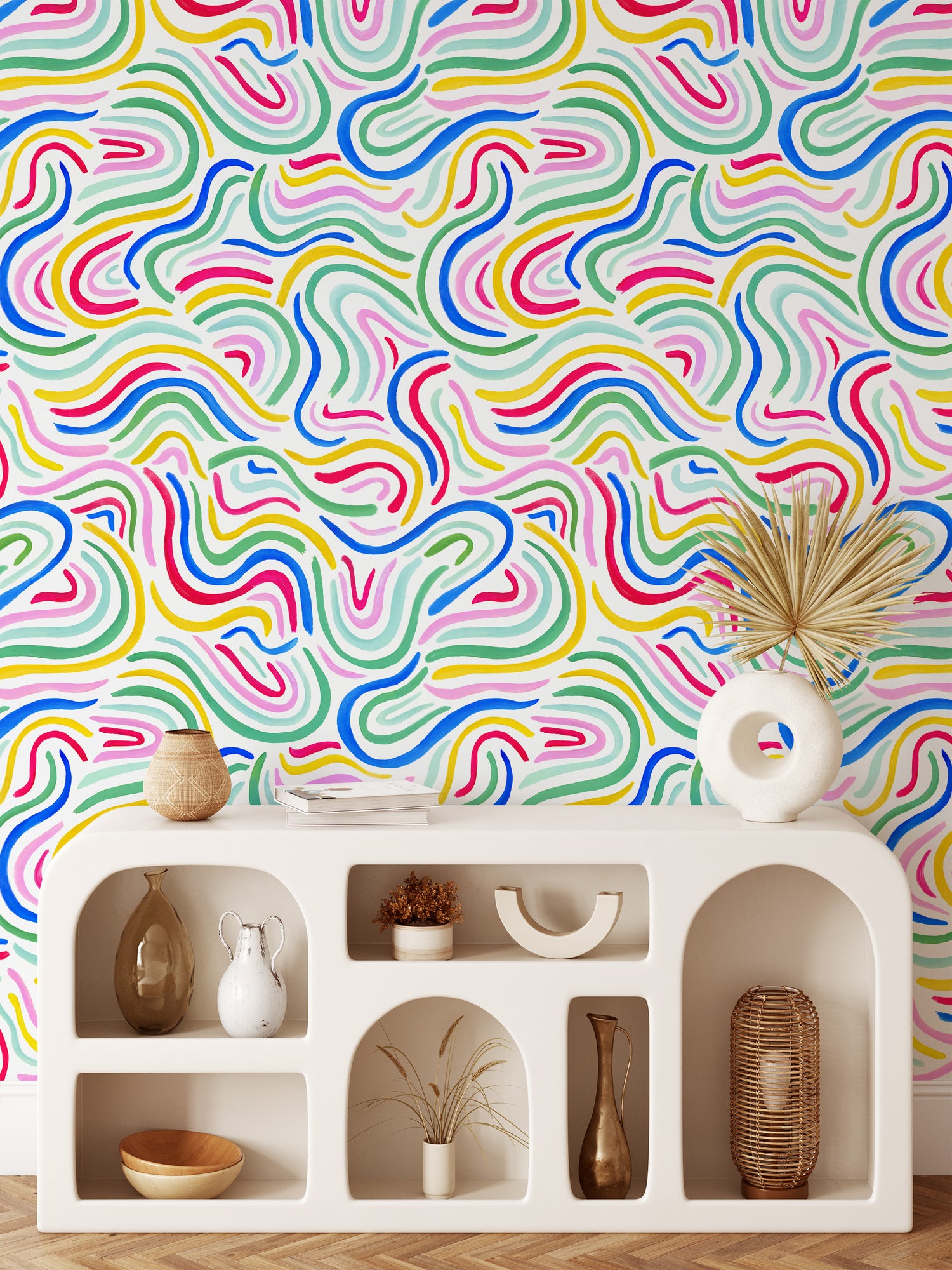 Bedroom featuring Iris + Sea Modern Rainbow- Multi Peel and Stick Wallpaper - a modern pattern