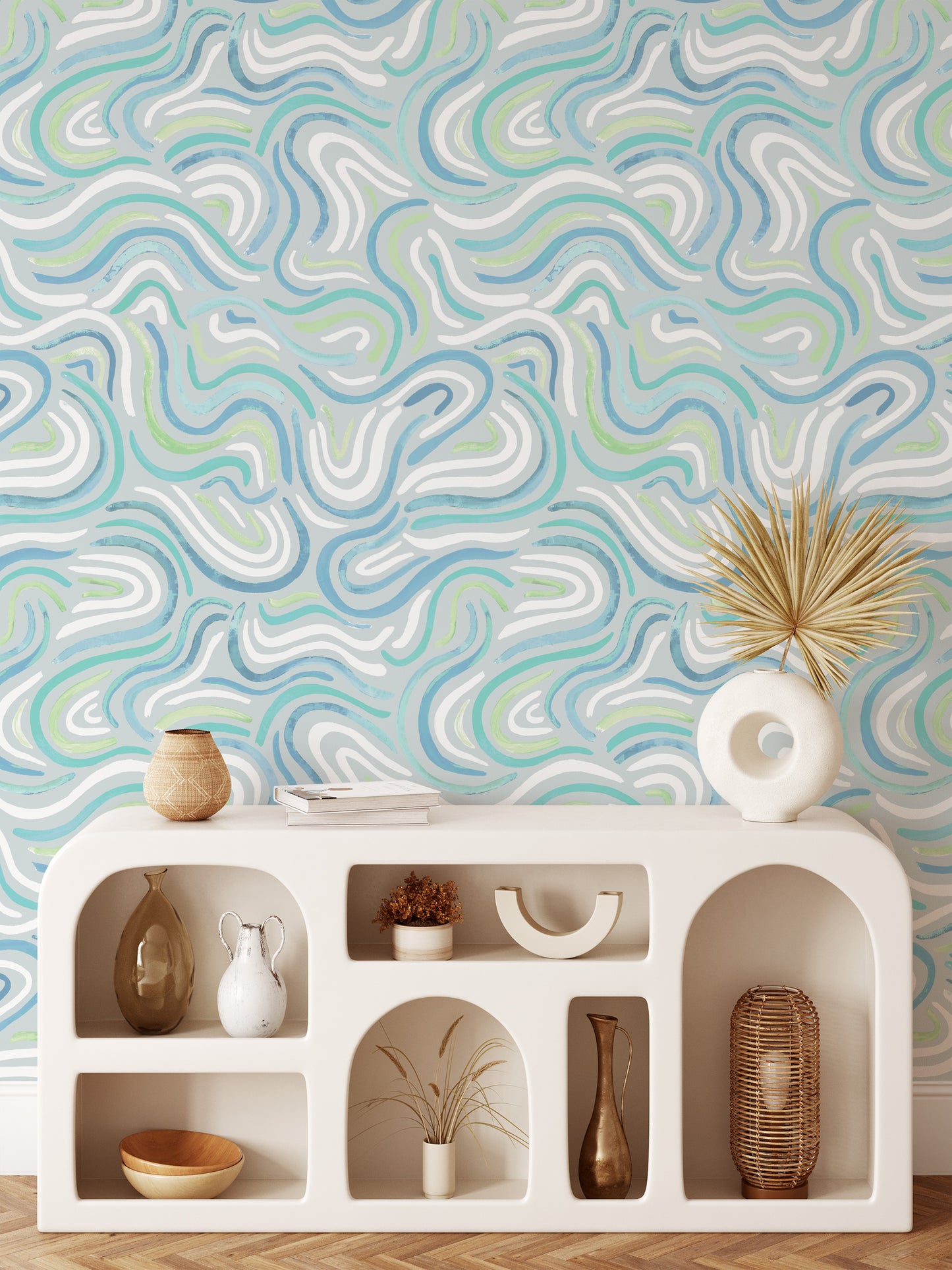 Bedroom featuring Iris + Sea Modern Rainbow- Turquoise Peel and Stick Wallpaper - a modern pattern
