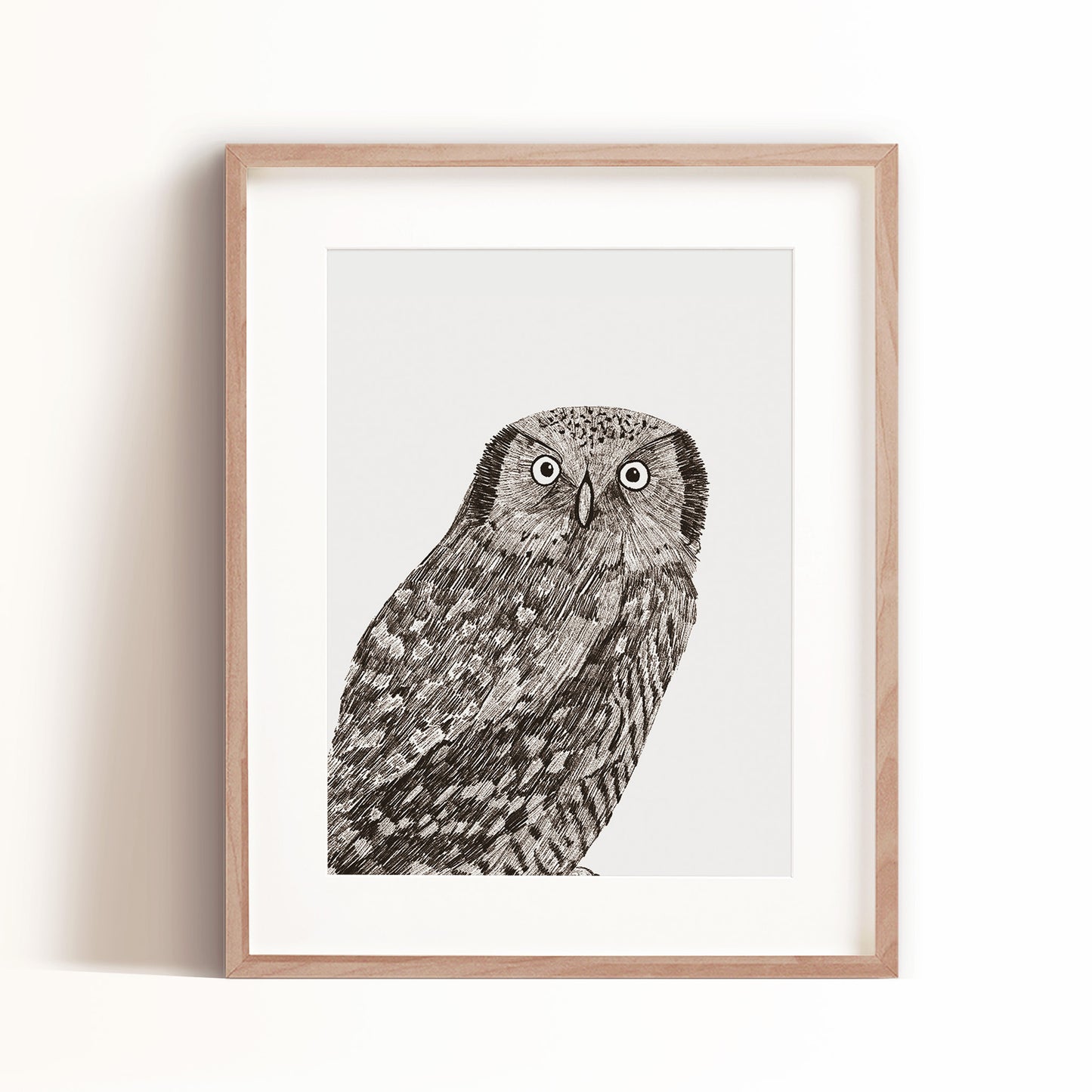 Framed image of a sketched woodland owl art print by Cayla Naylor