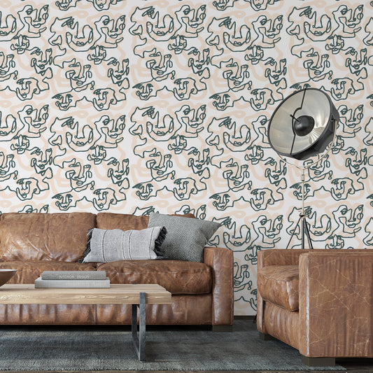 La Cara Wallpaper - Green on Beige