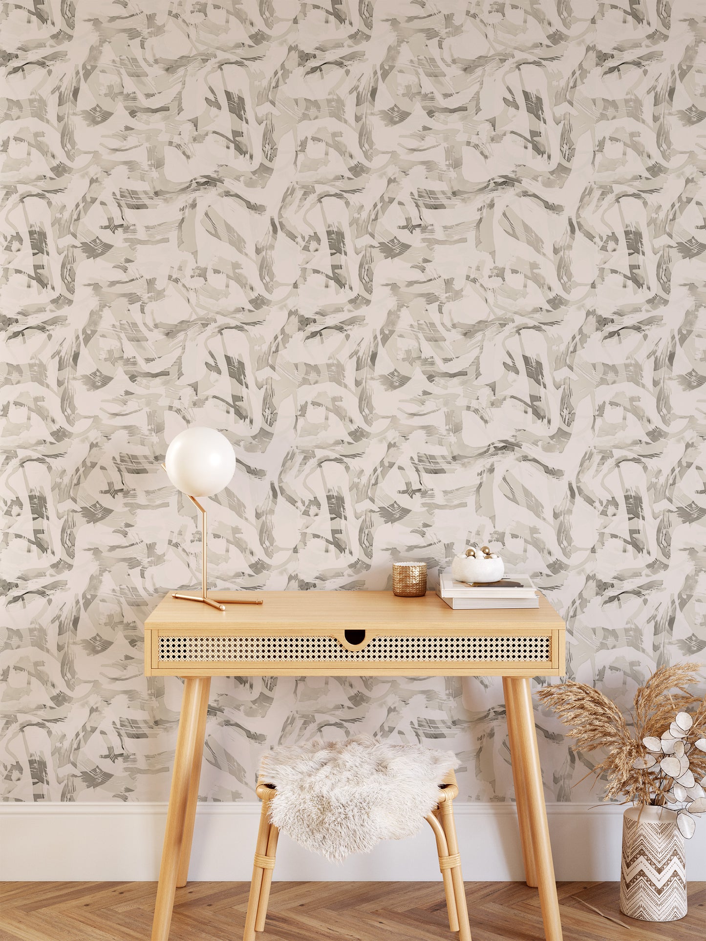 Bedroom featuring Iris + Sea Paint Strokes- Beige Peel and Stick Wallpaper - a modern pattern