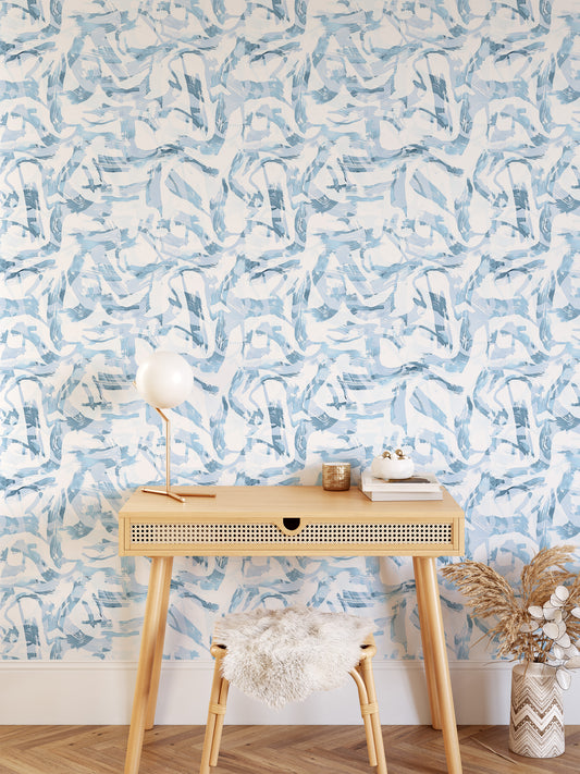 Bedroom featuring Iris + Sea Paint Strokes- Blue Peel and Stick Wallpaper - a modern pattern