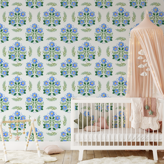Folk Florals Wallpaper - Azure