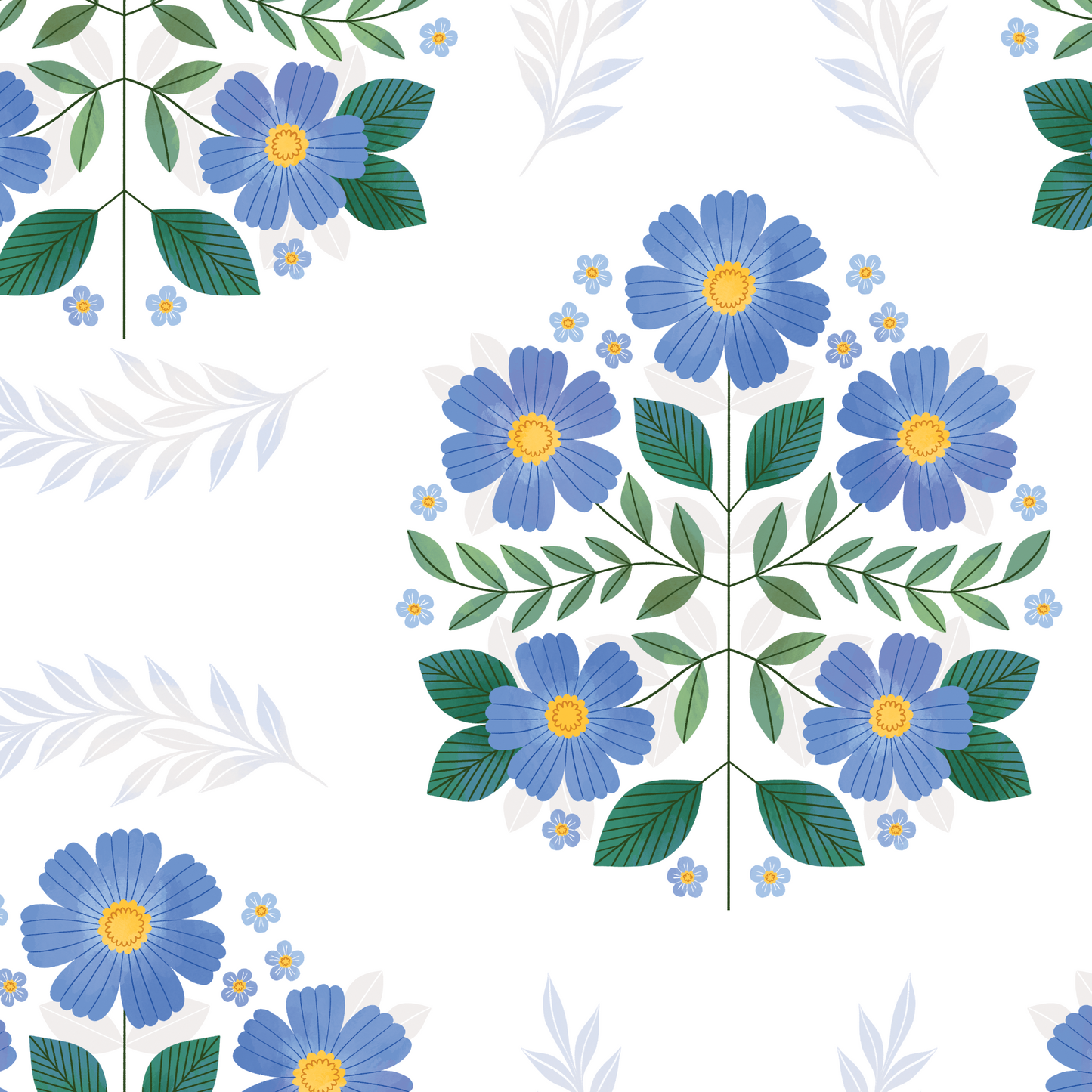 Folk Florals Wallpaper- China Blue
