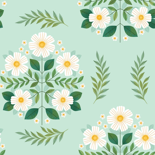 Folk Florals Wallpaper- Mint