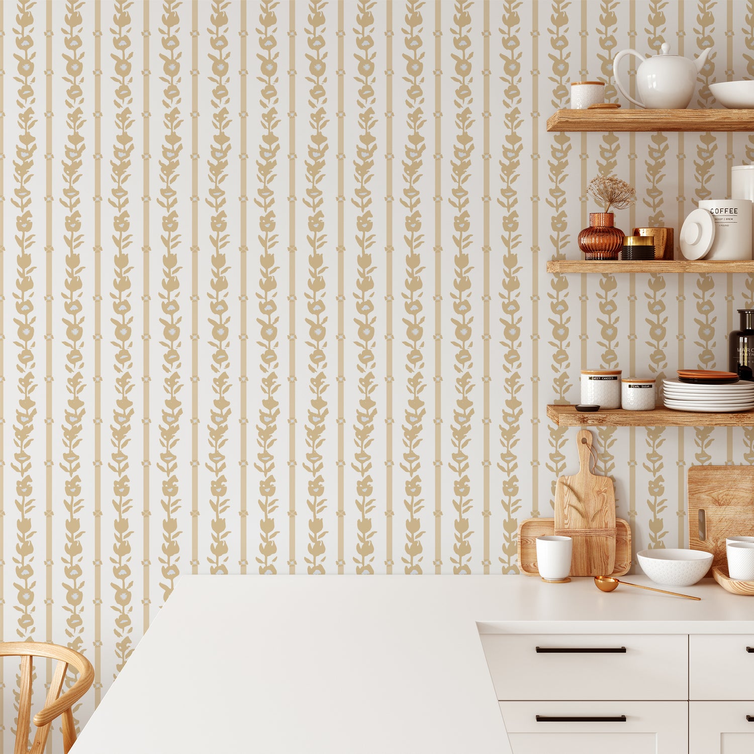 Kitchen wall featuring our oversized floral and stripe Esme peel and stick wallpaper in light yellow, grey, and cream by Jackie O'Bosky.