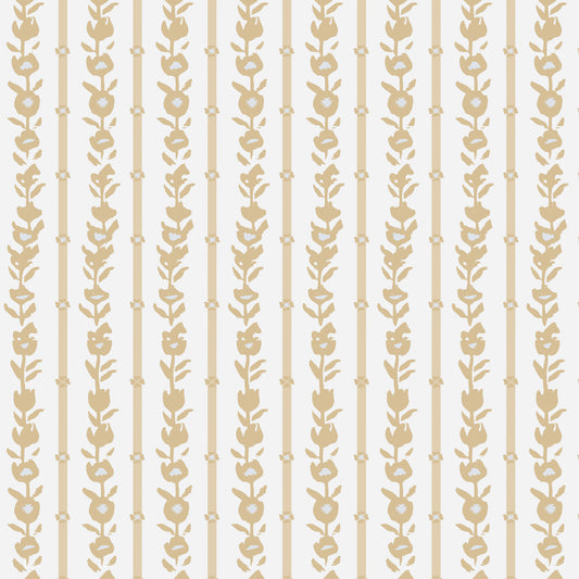 Close up of our oversized floral and stripe Esme peel and stick wallpaper in light yellow, grey, and cream by Jackie O'Bosky.