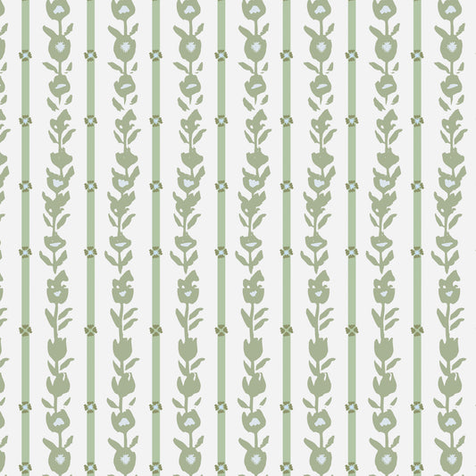 Close up of our oversized floral and stripe Esme peel and stick wallpaper in green, blue, and white by Jackie O'Bosky.