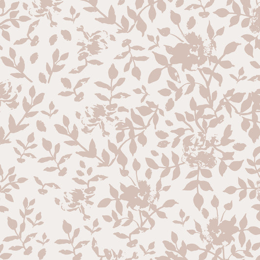 Close up of our floral Florence peel and stick wallpaper in pink, taupe nude on a white background. This organic floral has a painted feel and makes the perfect accent wall!