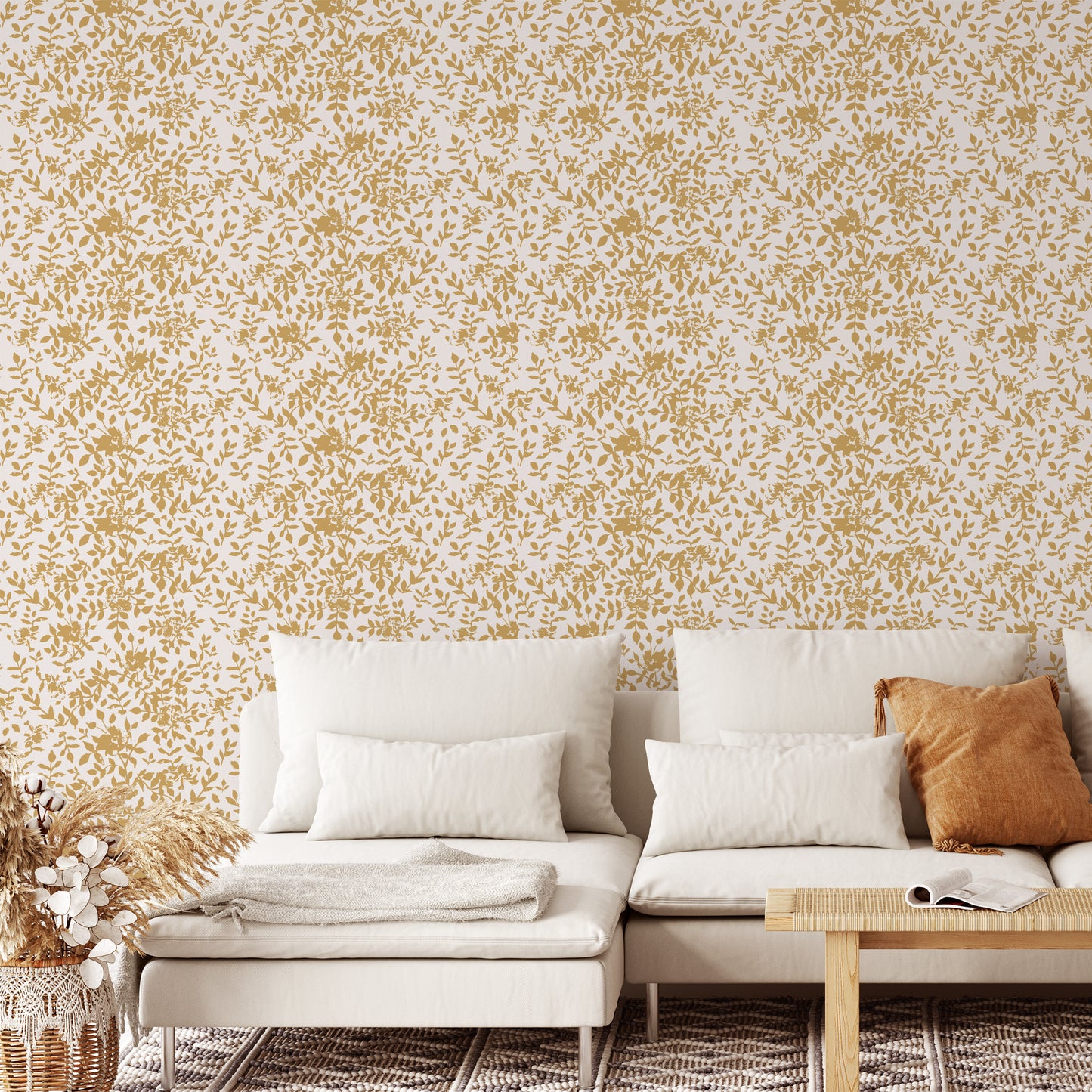 Living room wall featuring the Florence Peel and Stick Wallpaper in Ochre yellow and white by Jackie O'Bosky. These floral silhouettes make a beautiful accent wall or statement wall!