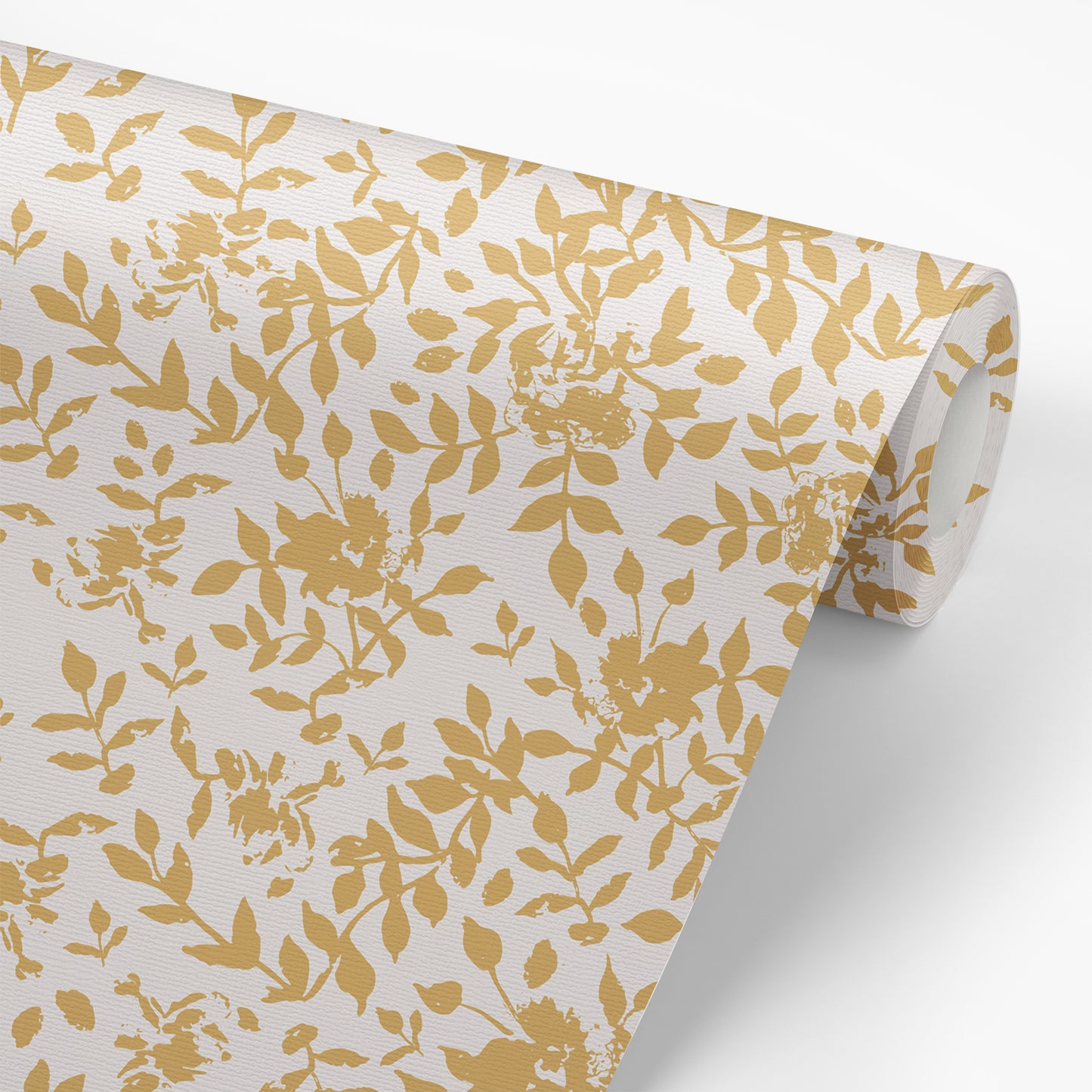 Wallpaper panel featuring the Florence Peel and Stick Wallpaper in Ochre yellow and white by Jackie O'Bosky. These floral silhouettes make a beautiful accent wall or statement wall!