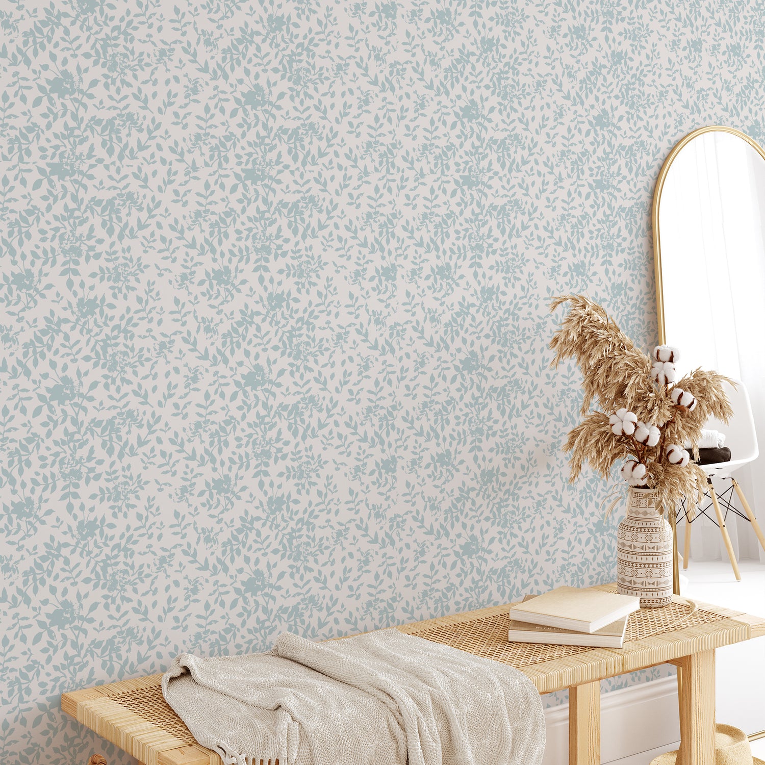 Bedroom wall featuring our Florence Peel and Stick Wallpaper in sky blue and white by Jackie O'Bosky. These floral silhouettes make a beautiful accent wall or statement wall!