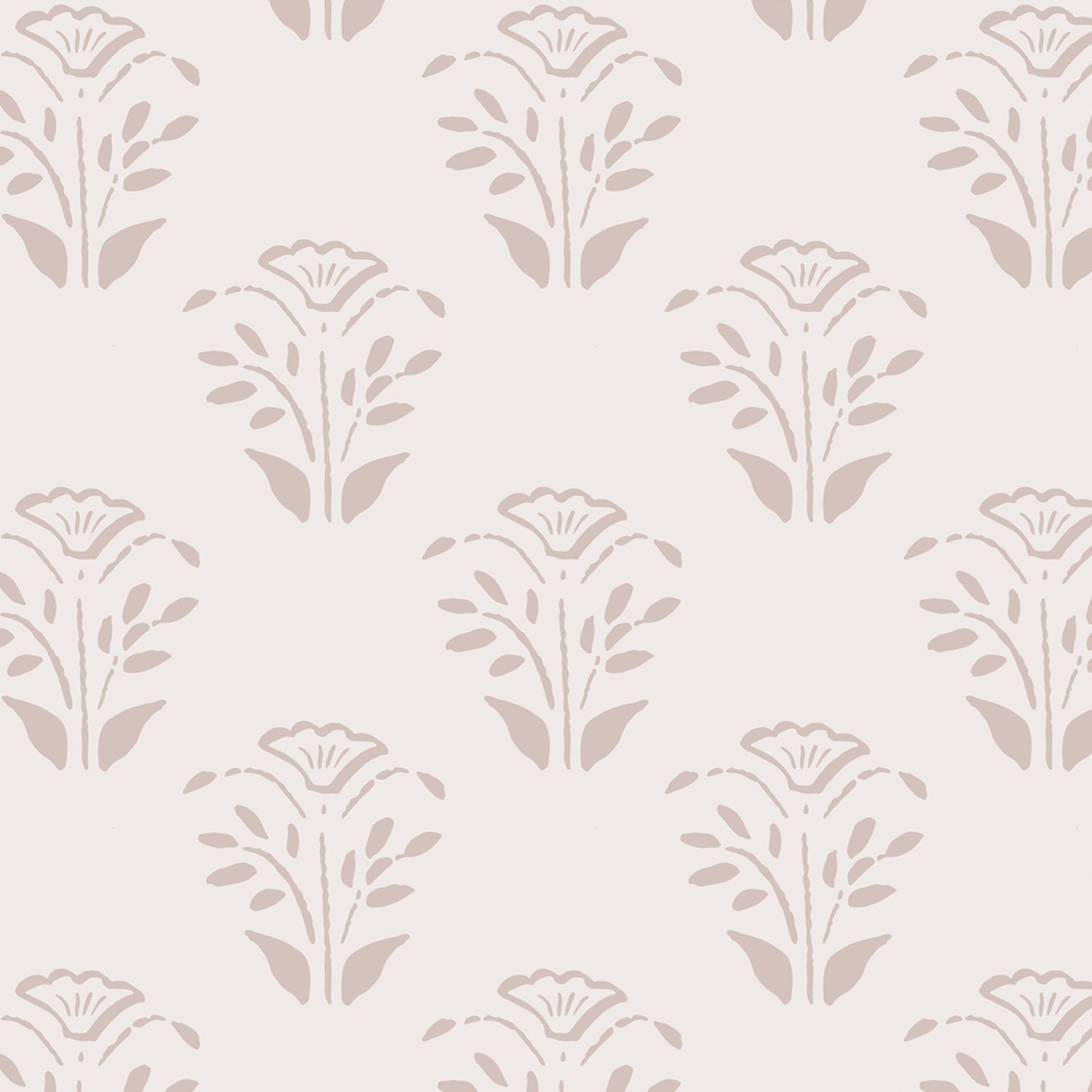 Close up of the Lulu Peel and Stick Wallpaper in bone by Jackie O'Bosky. Floral motifs placed symettrically in neutral taupe and bone colors. 