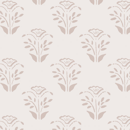 Close up of the Lulu Peel and Stick Wallpaper in bone by Jackie O'Bosky. Floral motifs placed symettrically in neutral taupe and bone colors.