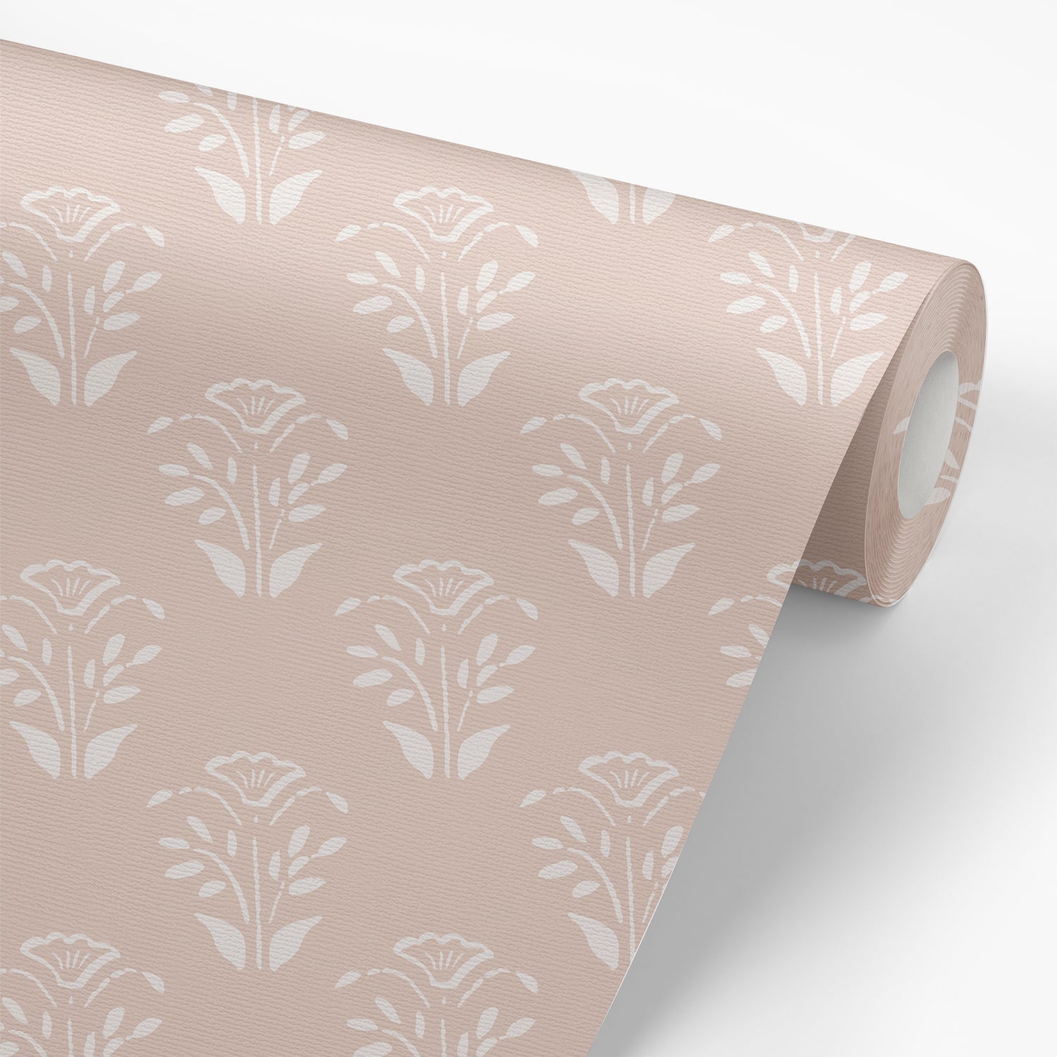 Wallpaper panel of our Lulu Peel and Stick Wallpaper in Nude by Jackie O'Bosky. Hand drawn floral motifs in white on a nude background.