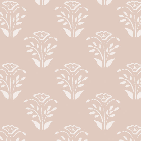 Close up of our Lulu Peel and Stick Wallpaper in Nude by Jackie O'Bosky. Hand drawn floral motifs in white on a nude background.
