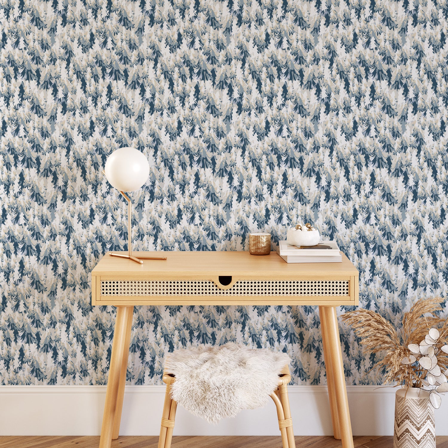 Bedroom featuring Iris + Sea Rerooted- Blue Peel and Stick Wallpaper - a hand painted pattern