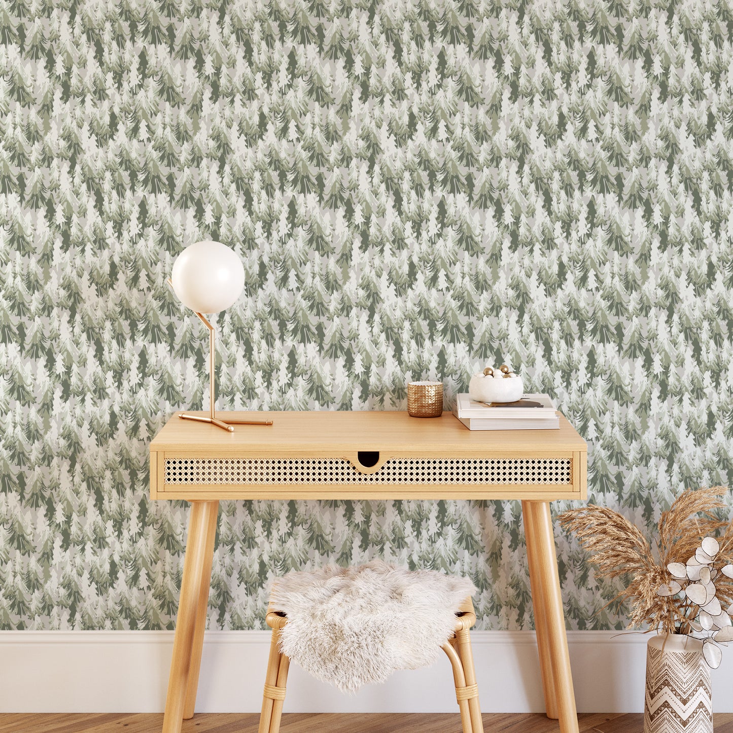 Bedroom featuring Iris + Sea Rerooted- Sage Peel and Stick Wallpaper - a hand painted pattern