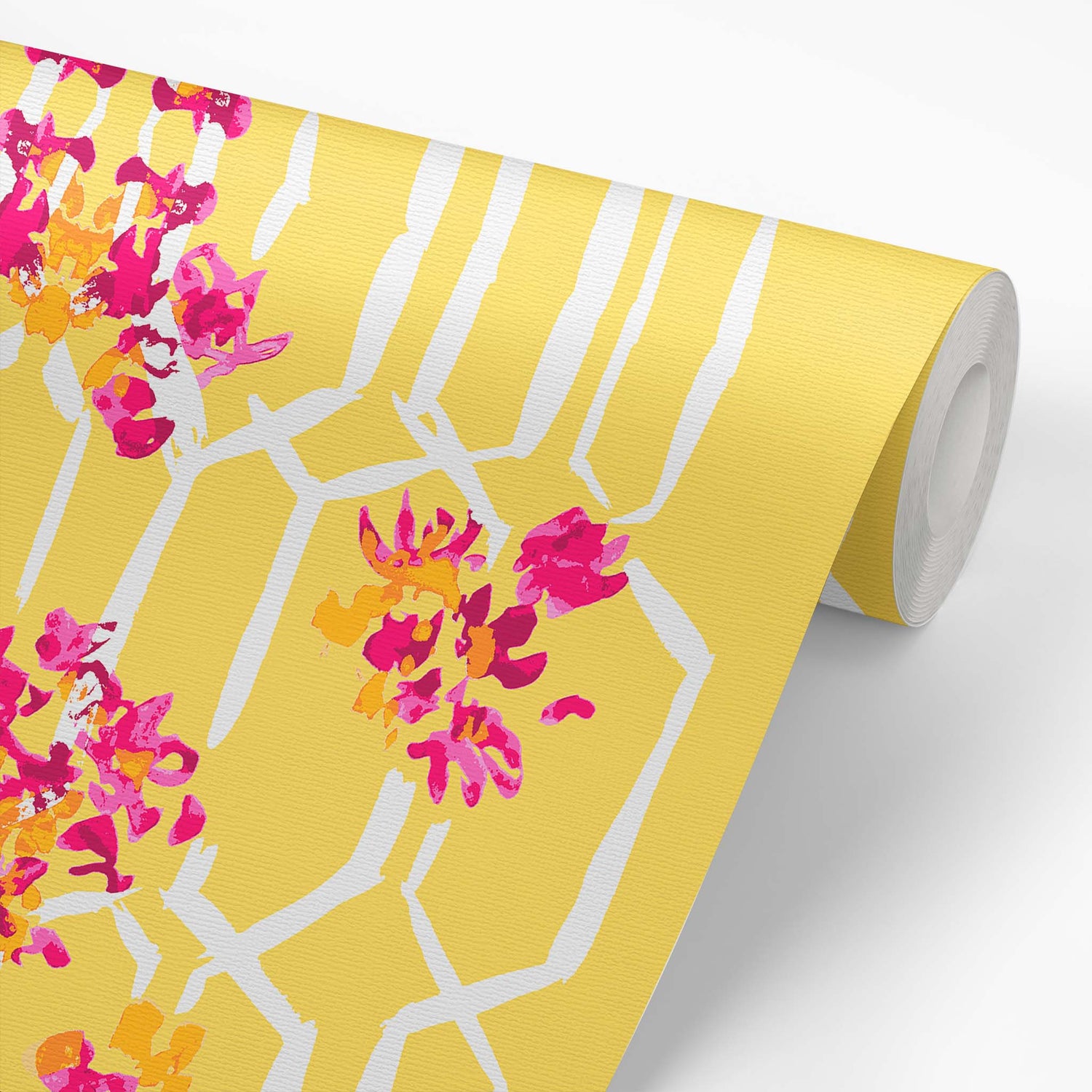 Wallpaper panel featuring Iris + Sea Romance Trellis- Yellow - a colorful geometric and floral pattern peel and stick wallpaper