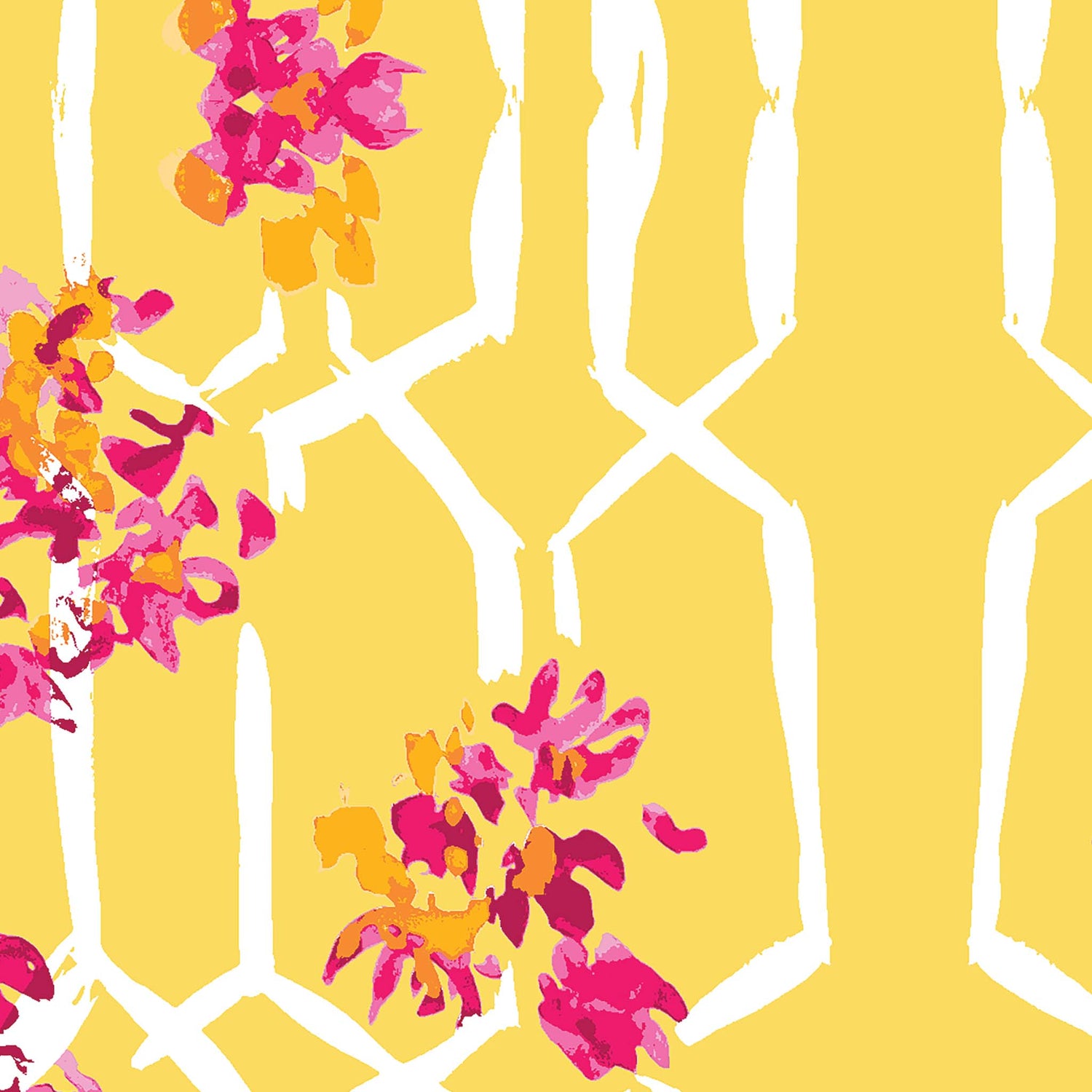 Close up of our Iris + Sea Romance Trellis- Yellow - a colorful geometric and floral pattern peel and stick wallpaper