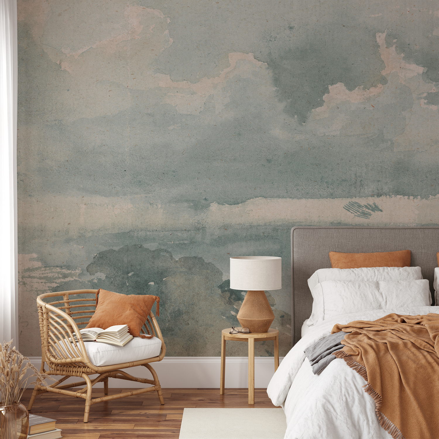 Zoomed out view of Welkin Sky Wallpaper Mural on a bedroom accent feature wall.