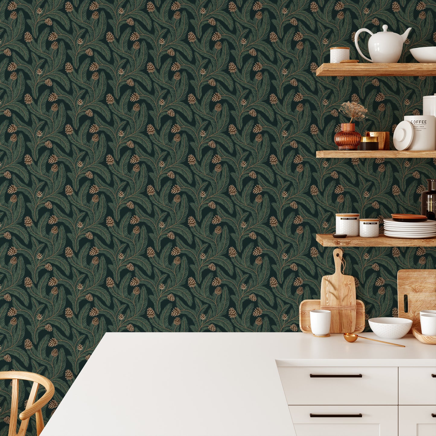 Bedroom featuring Cayla Naylor Sitka- Forest Peel and Stick Wallpaper - a nature inspired pattern
